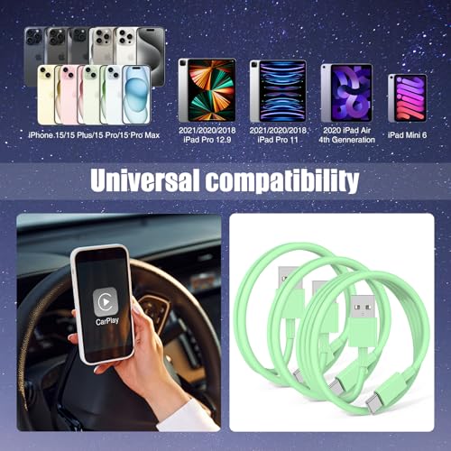 6 FT USB A to USB C Carplay Charging Cable – 3-Pack for i Phone 15/16, i Pad Pro/Air/Mini, Samsung Galaxy S25/S24/S23, and Mac Book – Fast Charging & High-Speed Data Transfer for Enhanced Compatibility on the Go