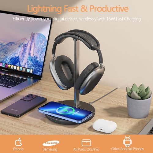 Upgrade Your Desk with the All-in-One Wireless Headphone Stand & Fast Charging Dock – Sleek Organizer for i Phone 15/14/13/12/11 & Air Pods Pro/3/2, Premium White Finish Ideal for Gamers and Music Aficionados, Optimize Your Workspace Efficiency and Connectivity