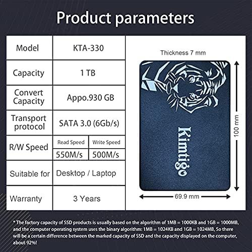 Transform Your Computer with Kimtigo’s 1 TB 2.5″ SATA III Internal SSD – Unleash Blazing-Fast Data Speeds Up to 550 MB/s with Advanced 3 D NAND Technology for Superior Performance and Reliability, Perfect for Effortless Multitasking and Swift File Transfers