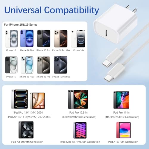 Ultra-Fast 20 W i Pad Power Adapter & 10 FT USB-C Cable Combo – Essential Charger for i Pad Pro, Air, Mini & 10 – Maximize Productivity with Lightning Speed Charging and Extended Flexibility for Apple Devices Experience groundbreaking charging efficiency with our Ultra-Fast 20 W Power Adapter paired with a 10 FT USB-C cable, meticulously designed for seamless compatibility with i Pad Pro (11, 12.9), i Pad Air (5 th/4 th), i Pad Mini 7, and i Pad 10. This compact wall charger delivers rapid power replenishment, ensuring your devices are ready to go in record time. The generous 10 FT cable grants you the freedom to use your i Pad comfortably while charging, whether at home, in the office, or on the move. Crafted from premium materials, this charger is built for long-term durability, making it the ultimate accessory for i Pad users seeking both reliability and performance. Elevate your charging experience today with this indispensable solution that fuses innovative technology with user-centric design.