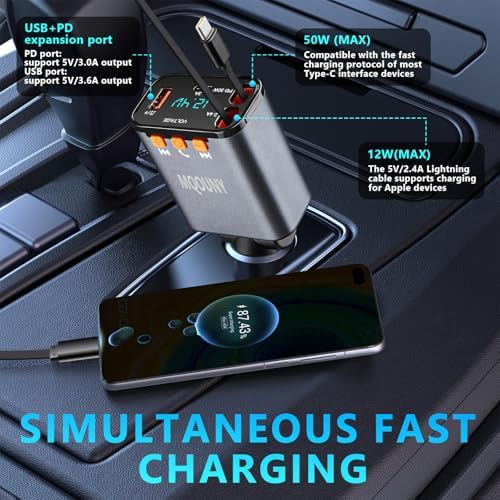 Revamp Your Drive with the 5-in-1 Retractable Car Charger: 60 W Fast Charging, Bluetooth 5.3 FM Transmitter, Hands-Free Calling & Integrated MP3 Player – Dual Retractable Cables & USB Ports for Ultimate Connectivity (Purple) – Elevate Your Mobile Experience on the Go!