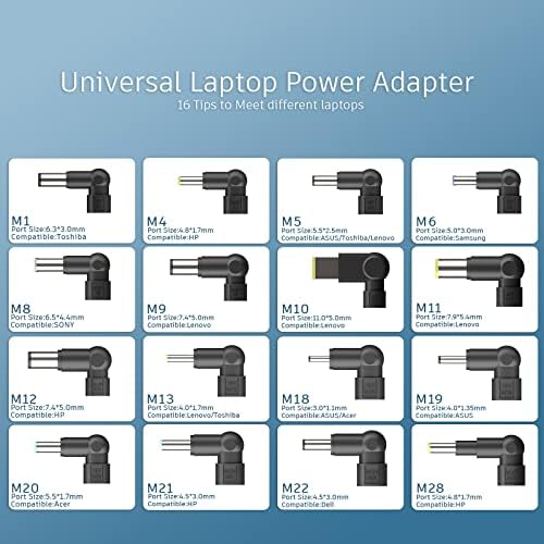 Universal 90 W Laptop Charger AC Adapter – Versatile Power Supply for Dell, HP, Lenovo, Toshiba, Acer, Asus, and Sony – 16 Compatible Tips for Maximum Flexibility – Plug-and-Play Design with Automatic Voltage Adjustment – Safe for Various Models with DC Output of 15 V to 20 V – Ideal for Chromebooks and Ultrabooks – Not Compatible with Samsung or Type-C Devices – 12-Month Warranty and 30-Day Satisfaction Guarantee – Streamlined Charging Solution for Everyday Use
