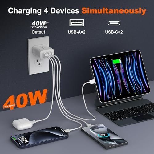 Ultimate 40 W Multiport USB-C Fast Charger – High-Efficiency 4-Port Power Adapter with Quick Charge 3.0 & Power Delivery for Super-Fast Device Charging – Sleek, Portable Design Perfect for Travel – Convenient 2-Pack for Enhanced Versatility and Easy Charging on the Go