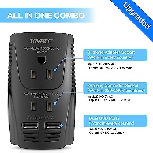 Ultimate 2000 W Travel Voltage Converter: 220 V to 110 V Power Adapter with Dual USB Ports & Global Plug Compatibility for Hair Styling Tools – Essential Accessory for International Journeys and Seamless Device Charging