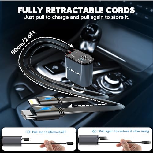 Ultimate 4-in-1 Retractable Car Charger – 66 W High-Speed USB Adapter with 2.6 ft Cables for i Phone 15/14 Pro – Fast Charging, Tangle-Free Design, Dual USB Ports for Multiple Device Compatibility – Ideal Travel Companion for On-the-Go Charging