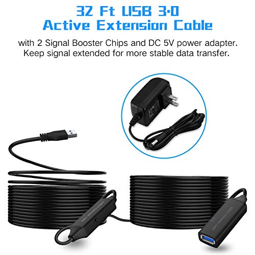 RSHTECH 32-Foot USB 3.0 Active Extension Cable with 5 V 2 A Power Adapter – High-Speed Male to Female USB Extender with Built-in Signal Boosters for Gaming Consoles and Peripherals – Unmatched Data Transfer and Versatile Compatibility