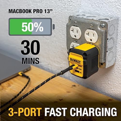 DEWALT 49.5 W Heavy-Duty USB-C and Dual USB Wall Charger Block – Compact Fast Charging Adapter for i Phone 16/15/14, Galaxy, Pixel 4/3 & i Pad – Durable Foldable Design for Ultimate Portability and Versatile Device Compatibility