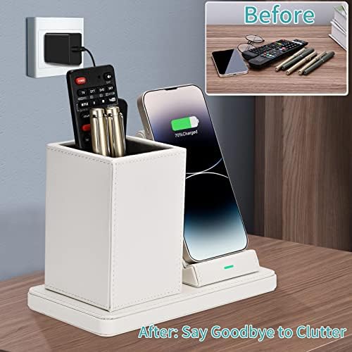 Sleek Marble Finish Wireless Charging Station with Desk Organizer – Fast Qi-Certified Charger for i Phone 13/12/11 Series, Effortless Device Power-Up & Luxurious Leather Accents for an Organized Workspace