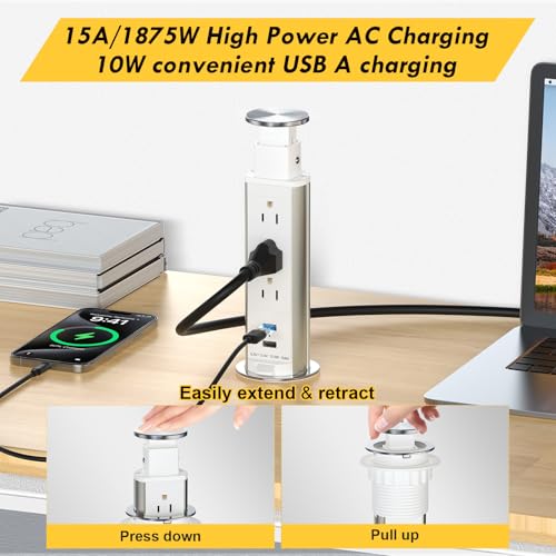 Elevate Your Charging Station with the Kungfuking Retractable Pop Up Outlet Socket – Versatile Power Hub Featuring 3 US Plugs & 2 USB Ports for Kitchen Counters, Conference Rooms, and Office Spaces, Sleek Black Design for Modern Aesthetics, Efficient Charging & Clutter-Free Organization