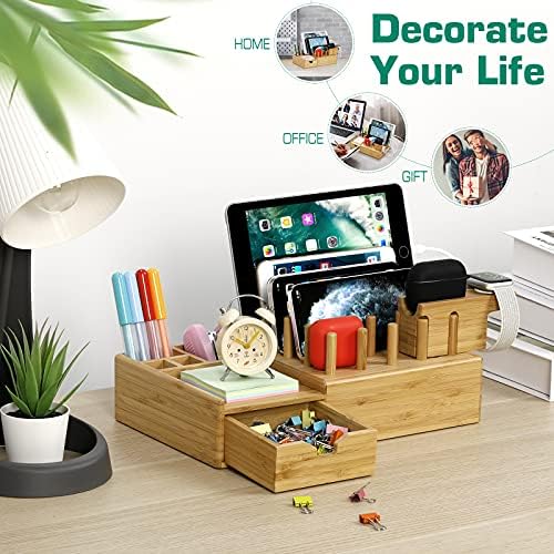 Eco-Friendly Bamboo Charging Station – Darfoo Multi-Device Dock with 7 Fast USB Ports, Drawer Organizer for Phones, Tablets, Smartwatches, and Earbuds – Clutter-Free Solution for Home & Office