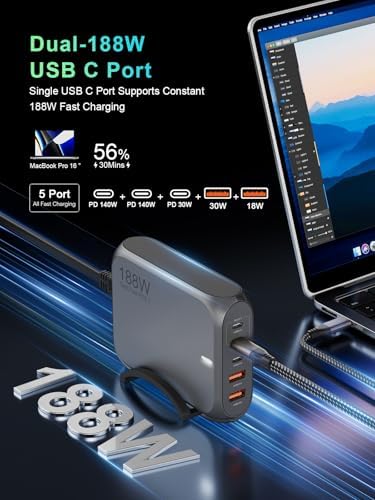 Revolutionary 188 W Ga N USB-C Multiport Charger – High-Efficiency 5-Port Fast Charging Station with PD 3.1 & PPS Compatibility for Mac Book, i Phone 16 Pro Max, Samsung Galaxy S24, Dell XPS & More – Includes Premium 240 W Cable for Enhanced Safety and Performance