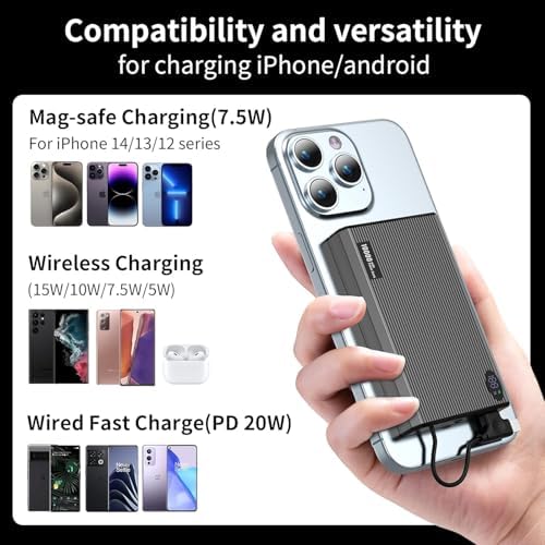 Ultra-Slim Magnetic Power Bank – 10,000 m Ah Portable Charger with Built-In Cable for i Phone 15/14/13/12 – Fast 20 W USB-C Two-Way Charging, Lightweight & Compact Design in Stylish Gray – Essential Travel Power Solution