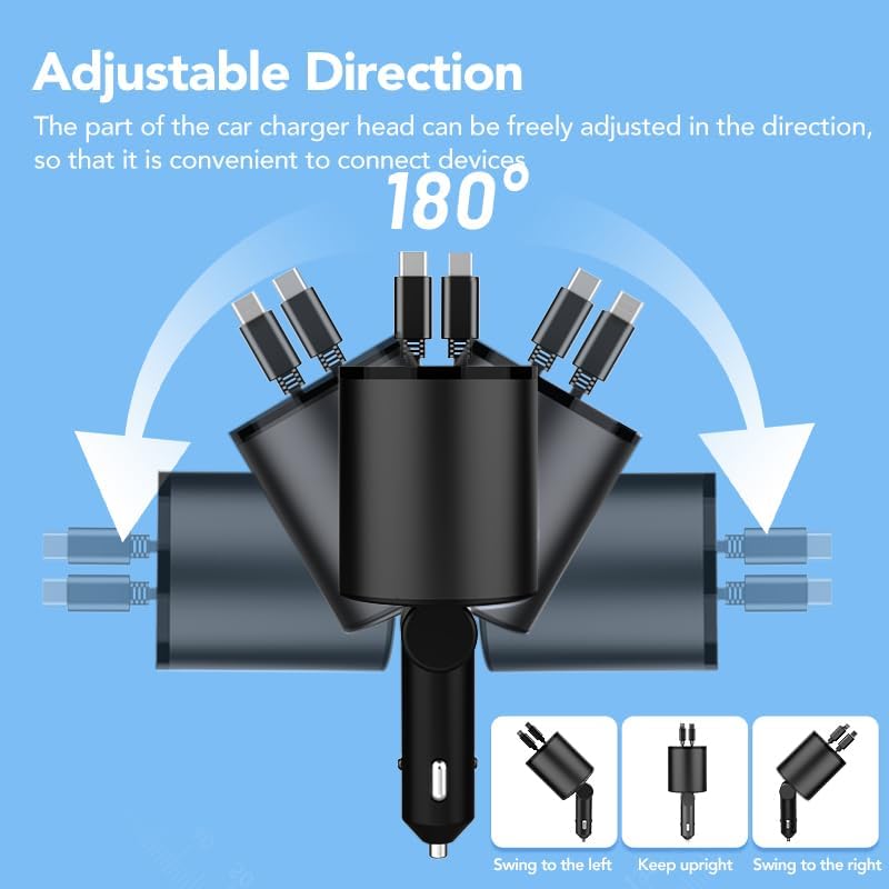 Ultimate 4-in-1 Retractable Car Charger – 60 W Super Fast Charging for i Phone 11-16, Galaxy, Pixel & Air Pods 4 – Dual USB Ports & Tangle-Free Cables for Maximum Convenience on the Go – Compact Power Adapter for All Your Devices