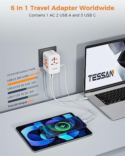 TESSAN 100 W Ga N Travel Adapter with 5 USB Ports – Universal Power Converter for Global Charging in 200+ Countries, Fast Charging Solution for Laptops, Smartphones & Tablets – Compact & Lightweight Design for Effortless Portability
