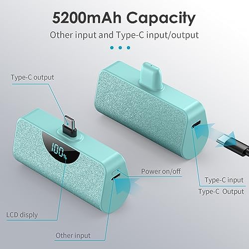 Ultra-Compact 5200 m Ah USB-C Power Bank with LCD Display – Fast-Charging Portable Charger for i Phone 15, Samsung, Google Pixel & Android Devices – Stylish Purple Battery Pack for On-the-Go Power Solutions