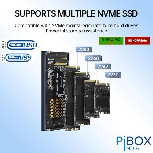 High-Speed Pibox India NVMe M2 Enclosure with Fan – USB 3.2 10 Gbps Tool-Free SSD Adapter for 2230/2242/2260/2280 M & B&M Keys – PCI-E NVMe Reader with Enhanced RTL9210 Performance and Heat Dissipation Solutions