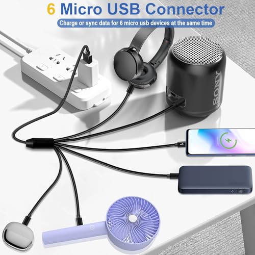 Herfair 6-Way Micro USB Splitter Cable – 4.92 FT Multi Charging Cord for Enhanced Device Connectivity and Fast Data Transfer – USB 2.0 Type A Male to 6 Micro USB Male Adapters – Universal Compatibility for Smartphones, Tablets, and More