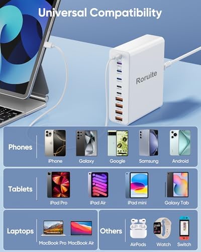460 W Advanced USB C Charging Hub – 10-Port Fast Charging Station with Ga N III Technology for Mac Book Pro/Air, i Phone, i Pad, Dell, Samsung Galaxy – Dual 65 W Power Adapter for Ultimate Device Versatility – Sleek White Design for Home & Office Efficiency
