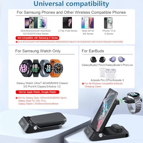 RAUGEE Premium Foldable 3-in-1 Fast Wireless Charging Station for Samsung Devices – Compact & Stylish Charger for Galaxy S25 Ultra/S24/S23/S22/Z Flip/Fold & Galaxy Watch Ultra/7/6/5/4/3 – Efficient Power Delivery, Declutter Your Space with Sleek Design and Optimal Portability