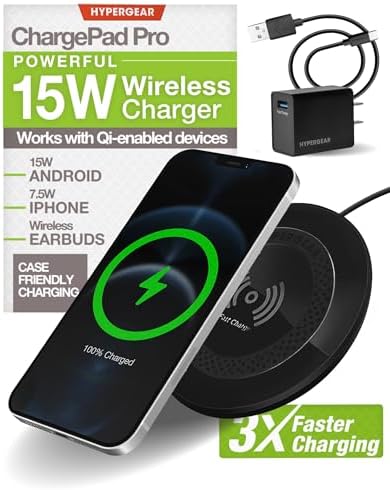 Hyper Gear Charge Pad Pro: 15 W Fast Wireless Charger with Soft Grips & LED Indicator – Sleek Black Design for i Phone & Android Compatibility – Ultimate Convenience in Mobile Power Solutions
