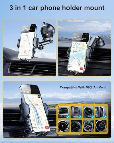3-in-1 Phone Holders for Your Car [2025 Most Stable and Flexible Suction Cup] Vent Dashboard Windshield Cell Phone Car Mount Fit for iPhone, Samsung, All Phone – Enhanced Compatibility and Speed