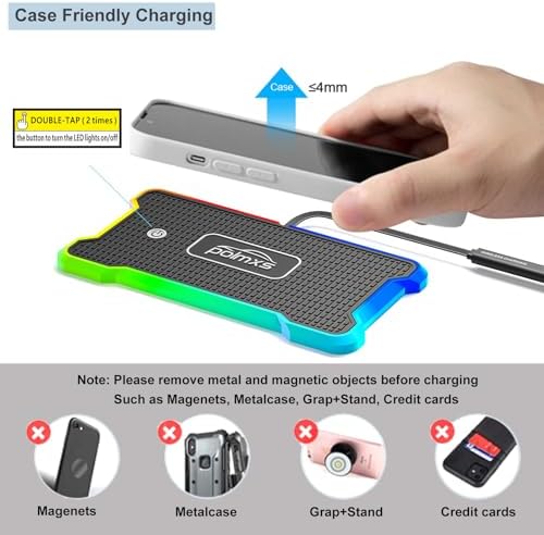 POLMXS Wireless Car Charger Pad – Fast Charging Station with RGB Lighting for i Phone 11/12/13/14/15 & Samsung Galaxy S21/S22/S23/S24 – Non-Slip Cordless Charging Mat for Air Pods – Sleek Design for Ultimate Convenience on the Go