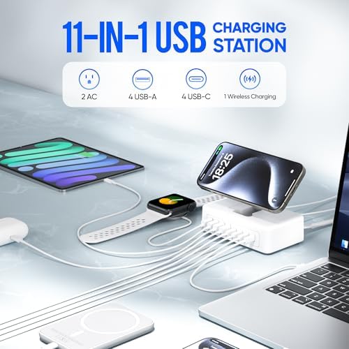 11-in-1 USB C Power Strip Charging Hub by ACOZVIN – 115 W Multi-Device Fast Charger with 2 AC Outlets, 4 USB-A & 4 USB-C Ports, 5 FT Flat Plug Cord for Mac Book, i Phone 16/15/14 – Ideal Desktop Solution for Home & Office Power Needs