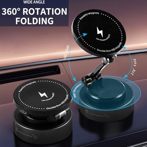 Revolutionary 15 W Magnetic Wireless Charging Phone Holder with Vacuum Suction Cup – 360° Adjustable and Foldable Car Mount for i Phone 12-16 Pro Max & Most Smartphones | Versatile Mag Safe Accessory for Cars, Gyms, Mirrors, and Showers – Unmatched Stability, Fast Charging, and Hands-Free Convenience