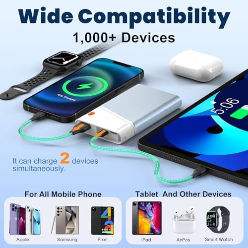 Sleek 5000 m Ah Pink Portable Power Bank with Integrated USB-C Fast Charger – Ultra-Compact Mini Battery Pack for i Phone 16/15/14 & Samsung S24 – Lightweight Design with Handy Lanyard for Effortless Travel Charging