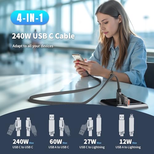Revolutionize Your Charging Experience with the 4-in-1 USB-C Charging Cable – 240 W Fast Charge Multi-Device Connector for i Phone 16/15/14/13, Samsung Galaxy, Tablets & More (5 FT) – Enhanced E-Mark Chip Technology for Optimal Performance and Universal Compatibility
