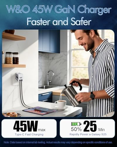 Revolutionize Your Charging Experience with the W&O 45 W Ga N Dual Device Fast Charging Wall Charger – Ultra-Compact with Retractable Lightning & Type-C Cables for i Phone 16/15/14/13/12/11, Galaxy S25/24, and All Android Devices – Perfect Travel Companion for Enhanced Speed, Versatility, and Portability