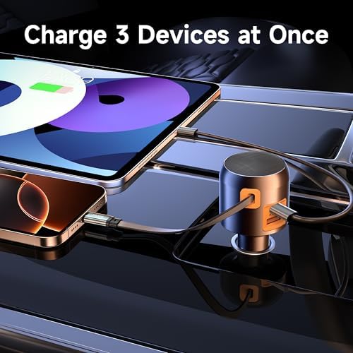 Effortless Charging on the Go: Retractable 60 W USB C Car Charger for i Phone 16, i Pad, Pixel & More – Compact Fast Charge Solution with Built-In Retractable Cable for Enhanced Compatibility and Clutter-Free Storage