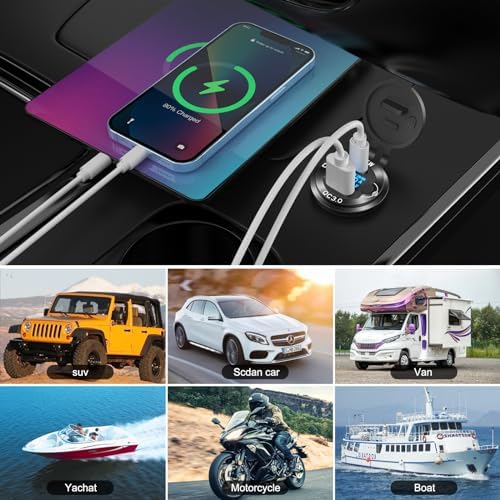 Premium 12 V USB Outlet Car Charger with PD65 W and Quick Charge 3.0 Ports – Waterproof Aluminum Design for RVs, Boats, and Laptops – Built-in Voltmeter & Energy-Saving Switch for Reliable Charging on the Go