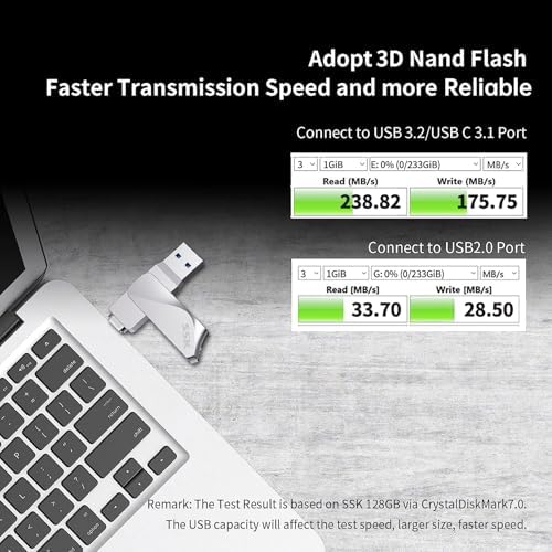 SSK 256 GB USB C Flash Drive – Versatile 2-in-1 OTG Memory Stick for Android, Mac, and Laptops – High-Speed USB 3.2 with Up to 200 MB/s Transfer Rate – Compact and Durable Thumb Drive for Effortless File Sharing and Storage