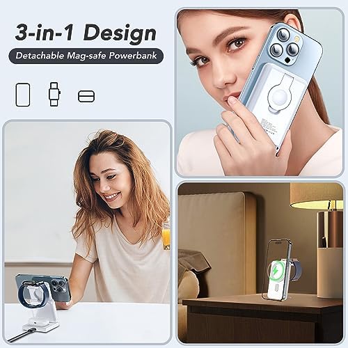 HUOTO 5000 m Ah Magnetic Power Bank – Ultimate 3-in-1 Foldable Wireless Charger with Stand for i Phone, Apple Watch & Air Pods – Travel-Friendly Fast Charging Solution with Mag Safe Compatibility for i Phone 12-16 Series – Enhanced Portability & Efficiency for On-the-Go Power Needs