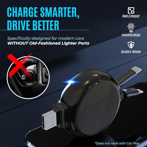 Dual-Use 15 W Fast Charging Retractable Car Charger for i Phone & Android | Travel-Friendly Tangle-Free Design | Wall Outlet & PC Compatible | Ultimate Power Solution for Busy Lifestyles
