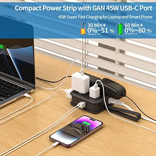 NTONPOWER 8-Outlet Flat Plug Power Strip with 45 W USB-C Fast Charging Port – Compact Multi-Device Extender with 5 ft Cord, Ideal for Home and Travel, Compatible with i Phone, Mac Book Pro, Tablets, and Samsung – Smart Design for Organized Charging Solutions