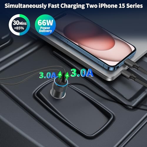 Braveridge 66 W Dual Port USB-C Car Charger for i Phone 16 – MFi Certified Fast Charging with Type-C Braided Cable – Enhanced Compatibility for i Phone 16/16 Pro Max/15/15 Pro/i Pad – Ideal for Road Trips and On-the-Go Power Solutions