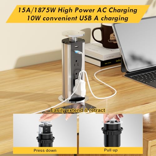 Elevate Your Charging Station with the Kungfuking Retractable Pop Up Outlet Socket – Versatile Power Hub Featuring 3 US Plugs & 2 USB Ports for Kitchen Counters, Conference Rooms, and Office Spaces, Sleek Black Design for Modern Aesthetics, Efficient Charging & Clutter-Free Organization