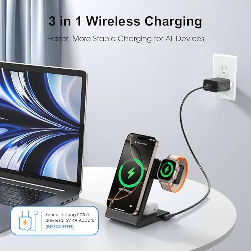 Ultimate 3-in-1 Magnetic Wireless Charging Station – High-Speed 20 W Foldable Charger for i Phone 12-16 Series, Apple Watch 10/Ultra 2, and Air Pods 4 – Portable Travel-Friendly Design with Adapter for Seamless Power Solutions
