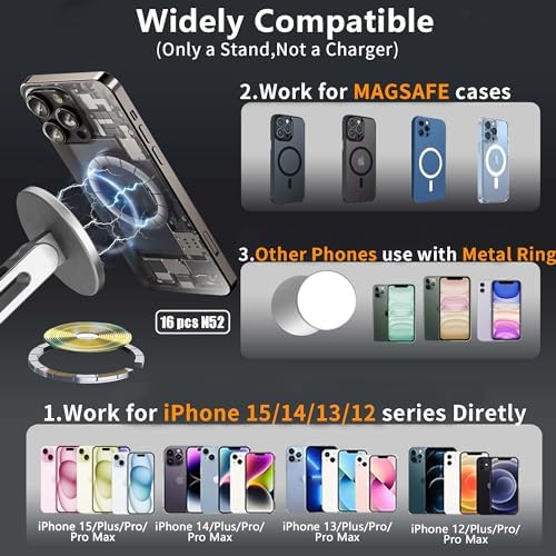 Magnetic Phone Stand for Desk, Heightened & Adjustable & Foldable Metal Magnetic Phone Holder Stand for Desk/Office/Home, Compatible with Magsafe Case/iPhone 15/14/13/12 Series (Black) – Enhanced Compatibility and Speed