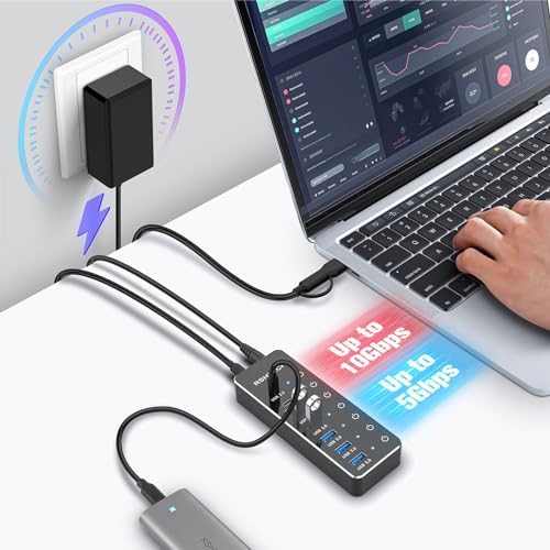 Maximize Your Device Connectivity with the RSHTECH 7-Port Powered USB 3.2 Hub – Lightning-Fast 10 Gbps Transfers, Individual Control Switches, and 3.3 ft Cable for Effortless Multi-Device Management – Perfect USB Hub Splitter for Laptops and PCs – Essential High-Performance Accessory for Home and Office Efficiency