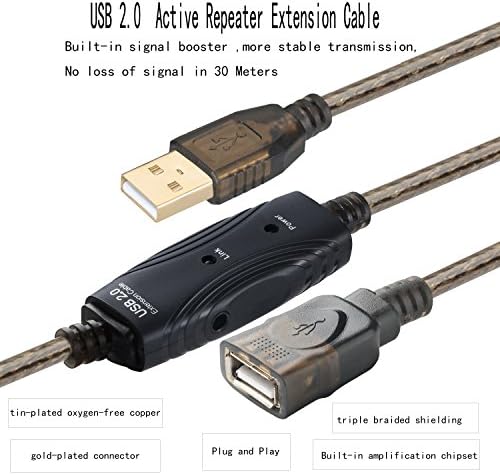 PASOW 50-Foot USB 2.0 A Male to A Female Active Extension Cable with Signal Booster and LED Indicator – Optimal High-Speed Data Transfer for Printers, Keyboards, Game Consoles, and More – Perfect for Home & Office Connectivity Solutions