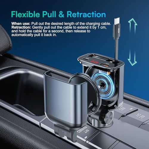 Ultimate 105 W Retractable Car Charger – Fast Charging Adapter for i Phone 15 Pro, Samsung Galaxy S24 Ultra & More – 45 W Type-C & 30 W USB-C Ports for Multi-Device Compatibility – Compact, Tangle-Free Design for On-the-Go Power Solutions