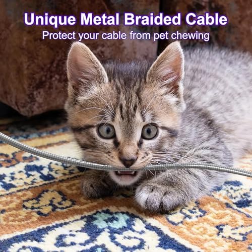 Durable 6 FT Chew-Proof i Phone Charger Cord – MFi Certified Metal Braided Lightning Cable for Pets, 3 A Fast Charging Compatible with i Phone 14, 13, 12, 11, X, XS, XR, 8, 7, 6, 5 – Ultimate Protection and Speed for Tech-Savvy Pet Owners