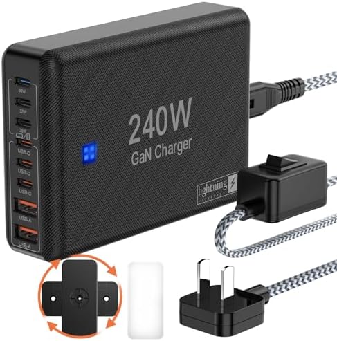 240 W High-Speed 8-Port Charging Station – Multi-Device USB Hub for i Phone, i Pad & Mac Book with 6 USB-C PD Ports, 2 USB-A Ports, 5 ft Braided Cord, On/Off Switch, Flat Plug Design for Travel Convenience and Optimal Space Management – Ultimate Charging Solution for Tech Enthusiasts