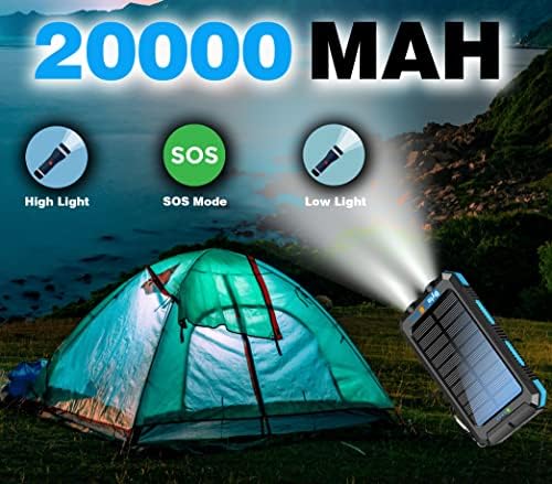 High-Capacity 20000 m Ah Solar Power Bank with Emergency Tools – Waterproof Portable Charger for Camping, Hiking & Outdoor Adventures with Carabiner, Compass, Whistle, and Dual USB Ports for Quick Charging