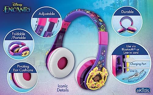 Discover the Enchantment of Disney Encanto Kids Bluetooth Headphones – Safe Volume-Limited Wireless Earphones with Built-in Microphone for Portable Fun and Comfort on the Go! Perfect for Young Dreamers, These Foldable Headphones Offer Hassle-Free Connectivity and Enhanced Listening Safety. Enjoy Quality Sound with Volume Control Tailored for Kids, Ideal for Home, Travel, or Adventures. Versatile AUX Cord Included for Added Compatibility with All Devices. Durable and Easy to Clean, These Stylish Earphones Ensure Your Child’s Favorite Tunes Are Always Within Reach. Let Their Imagination Soar with Every Beat!