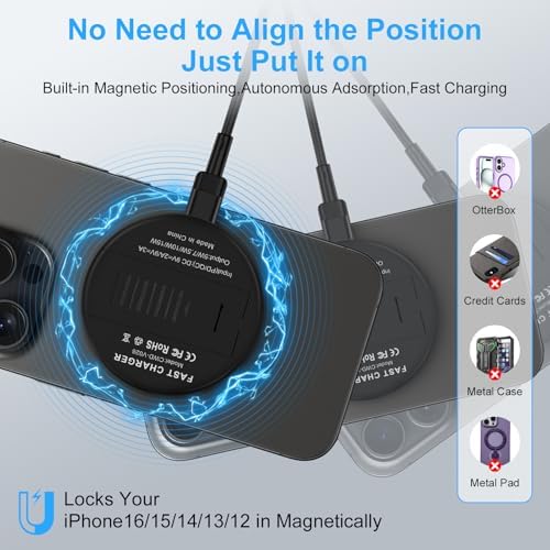 15 W Magnetic Wireless Charger with Kickstand – Fast Charging Pad for i Phone 16/15/14/13/12 & Samsung Galaxy S25/S24/S23 – Portable, High-Efficiency Charging Station for Android and Google Pixel 9 Series – Optimal Performance & Enhanced Compatibility for On-the-Go Charging