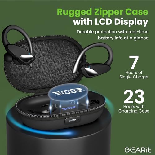 Revolutionize Your Sound Journey with GEARit Sport Hook True Wireless Earbuds – 23-Hour Playtime, IPX7 Waterproof & Sweatproof for Ultimate Durability – Ergonomically Designed for a Secure Fit with Advanced Bluetooth 5.4 for Seamless Connectivity on i Phone & Android – Perfect for Fitness Buffs and Commuters Seeking High-Quality Audio Experience